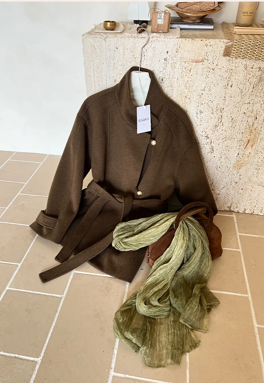 High Collar Belted Wool Coat