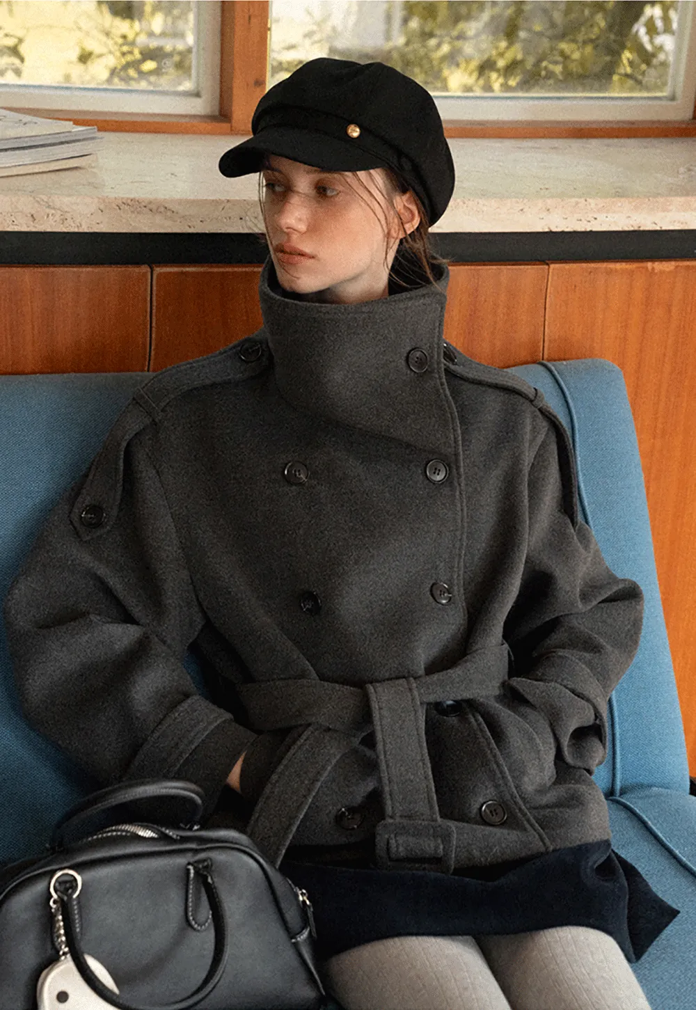 Peplum Waist Belted Wool Coat