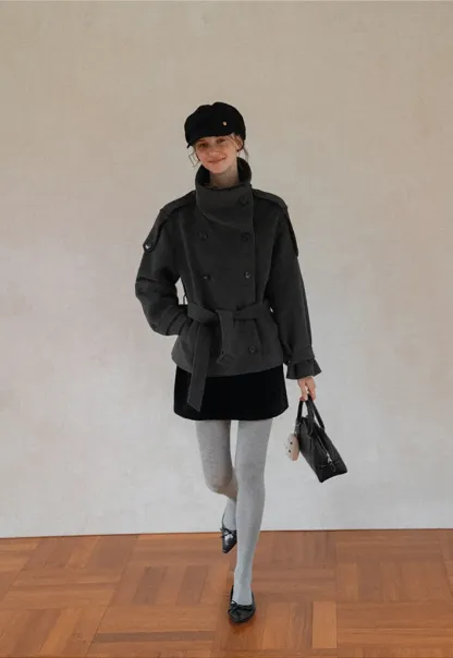 Peplum Waist Belted Wool Coat
