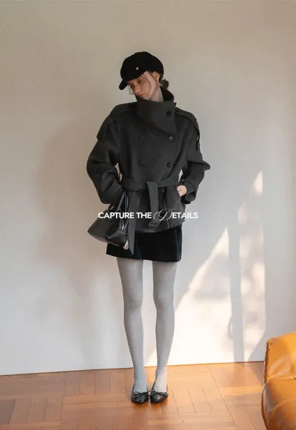Peplum Waist Belted Wool Coat