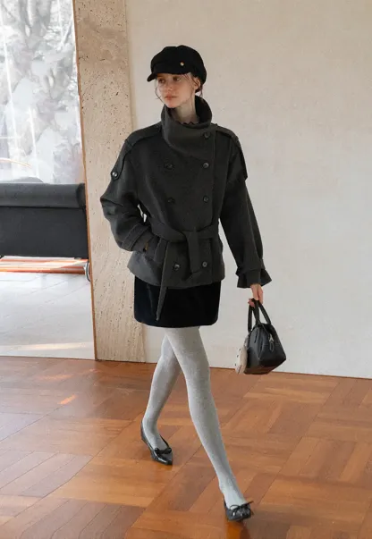 Peplum Waist Belted Wool Coat