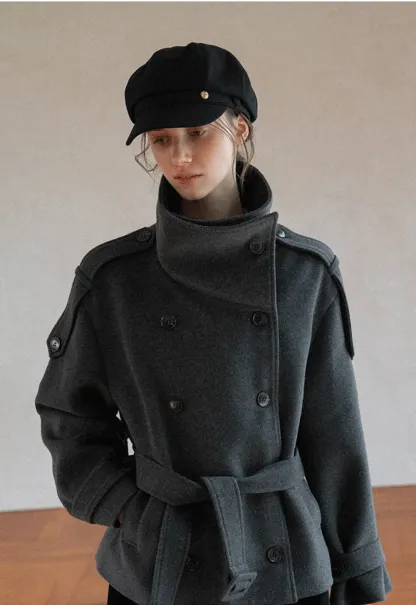 Peplum Waist Belted Wool Coat