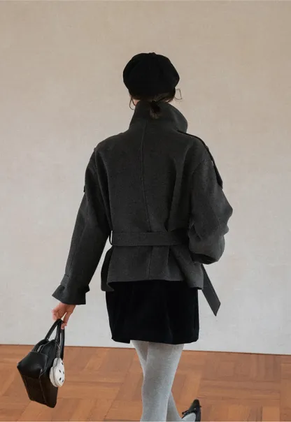 Peplum Waist Belted Wool Coat