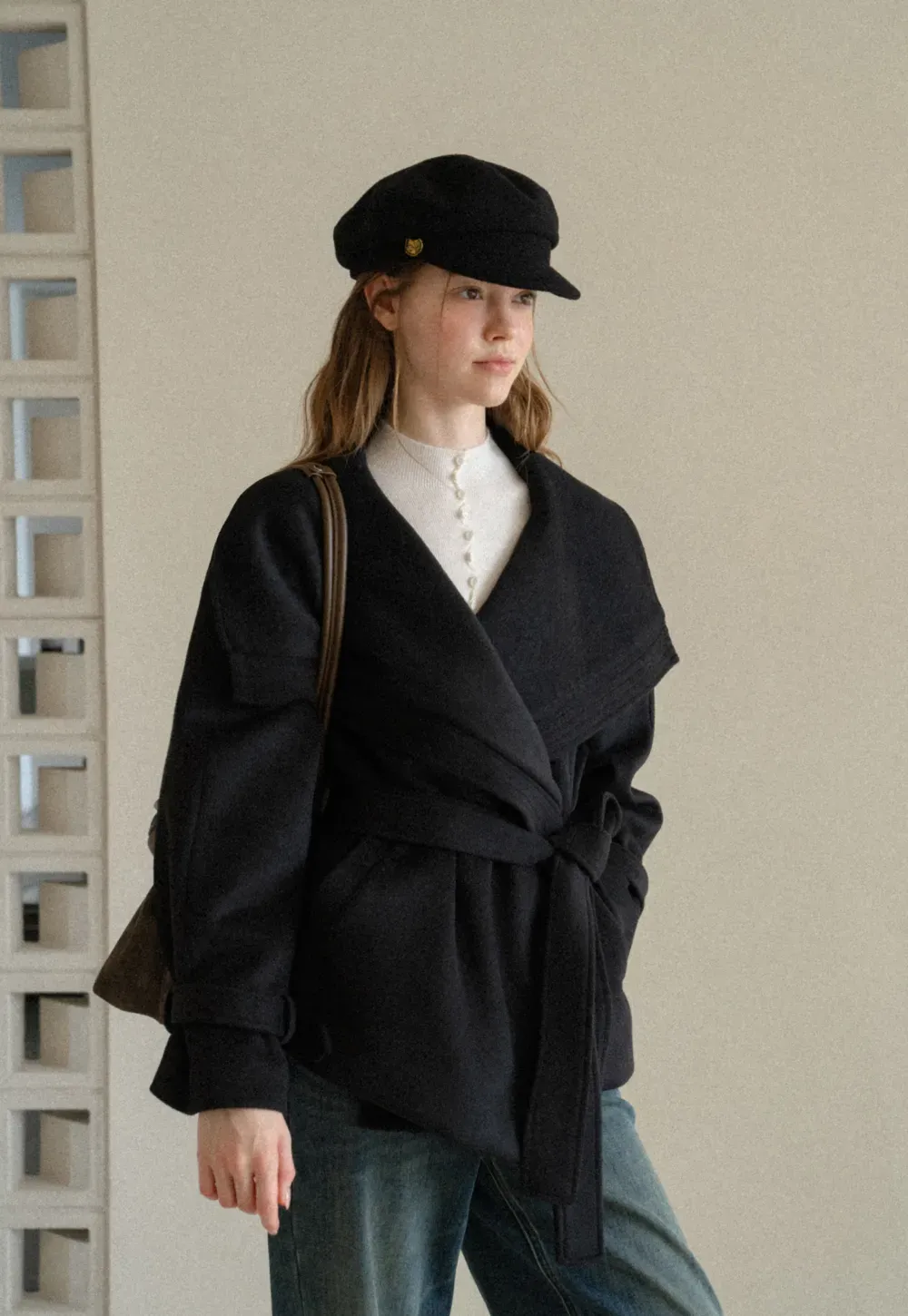 Wrap Front Wool Coat with Tie Belt
