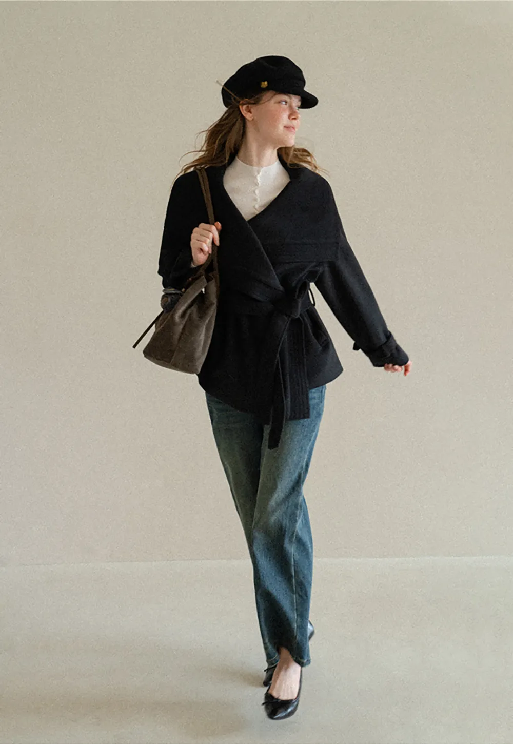 Wrap Front Wool Coat with Tie Belt