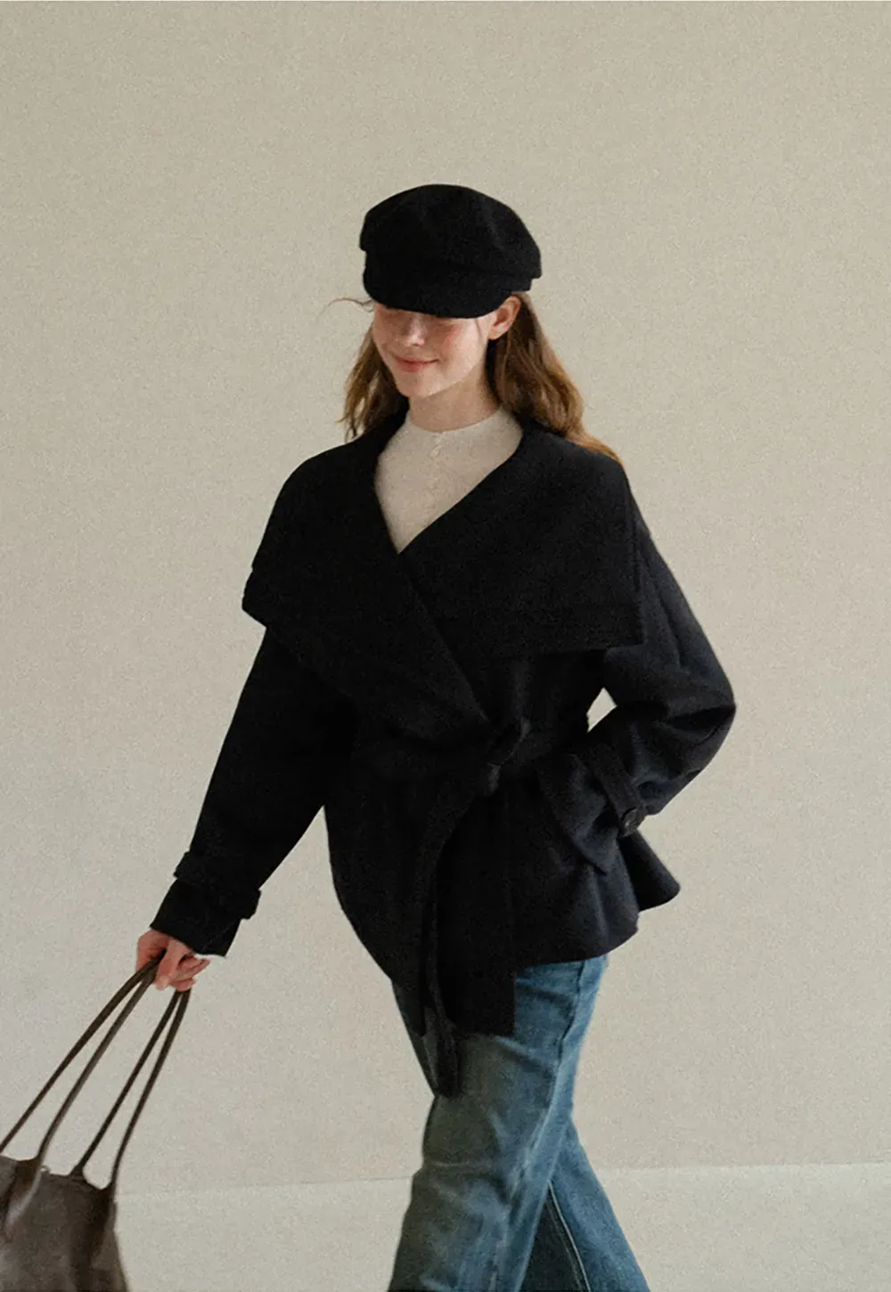 Wrap Front Wool Coat with Tie Belt