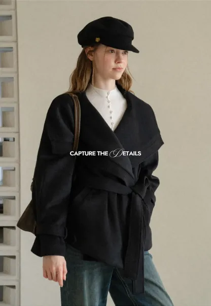 Wrap Front Wool Coat with Tie Belt