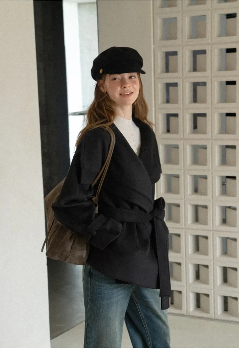 Wrap Front Wool Coat with Tie Belt