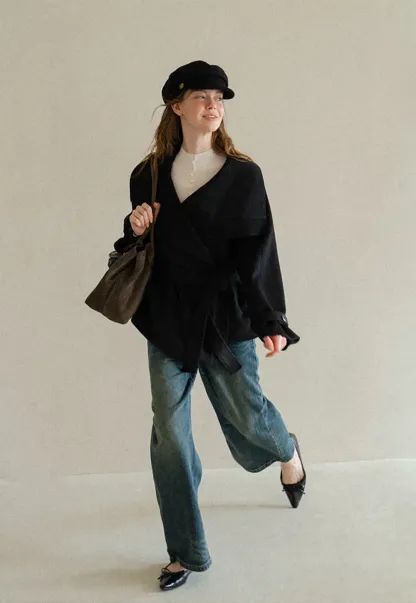 Wrap Front Wool Coat with Tie Belt