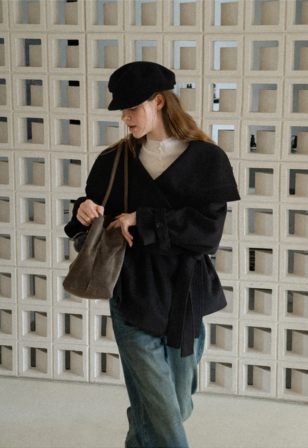 Wrap Front Wool Coat with Tie Belt
