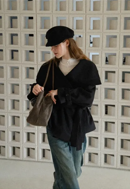 Wrap Front Wool Coat with Tie Belt