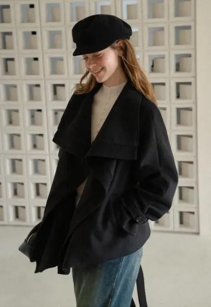 Wrap Front Wool Coat with Tie Belt