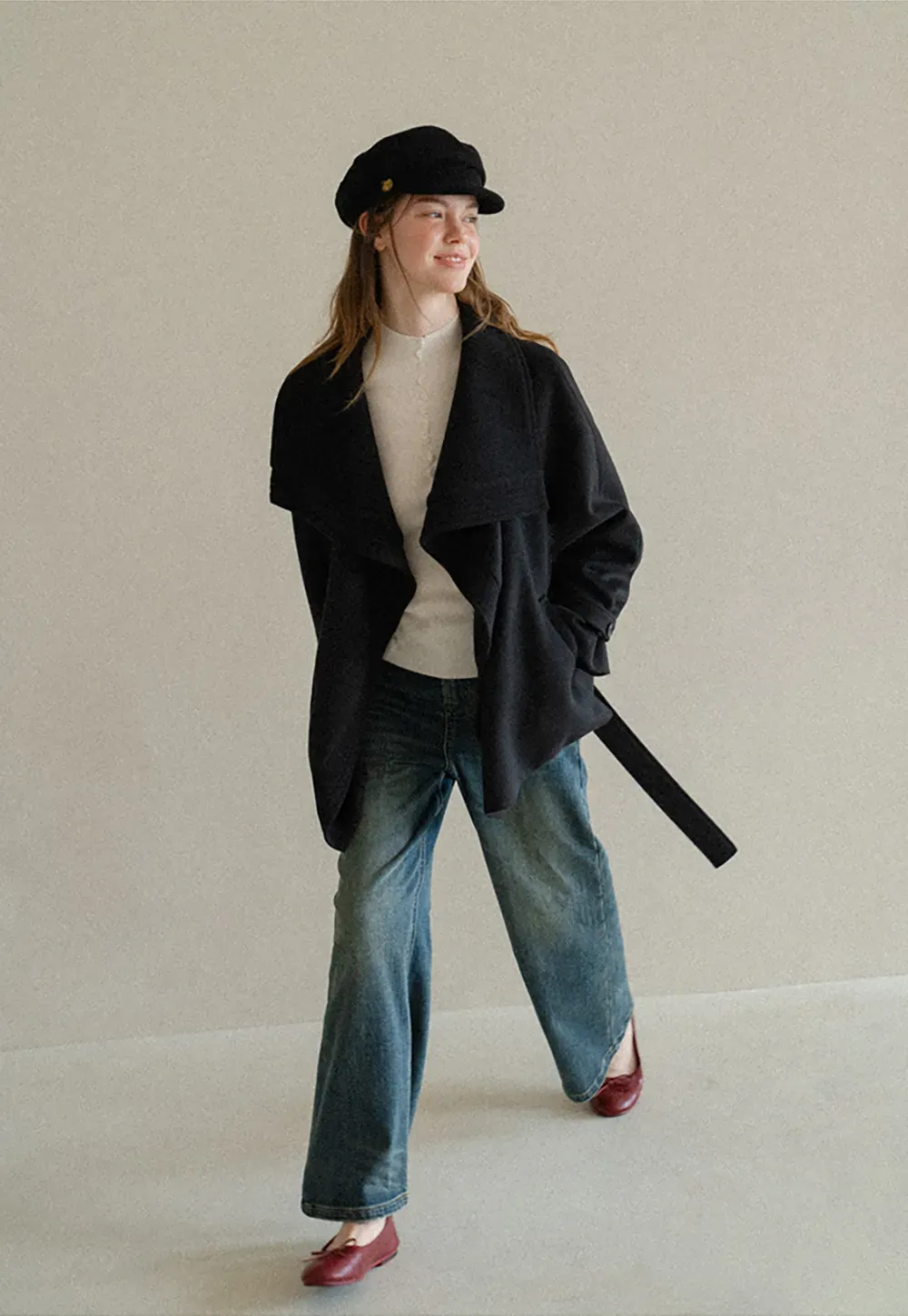 Wrap Front Wool Coat with Tie Belt
