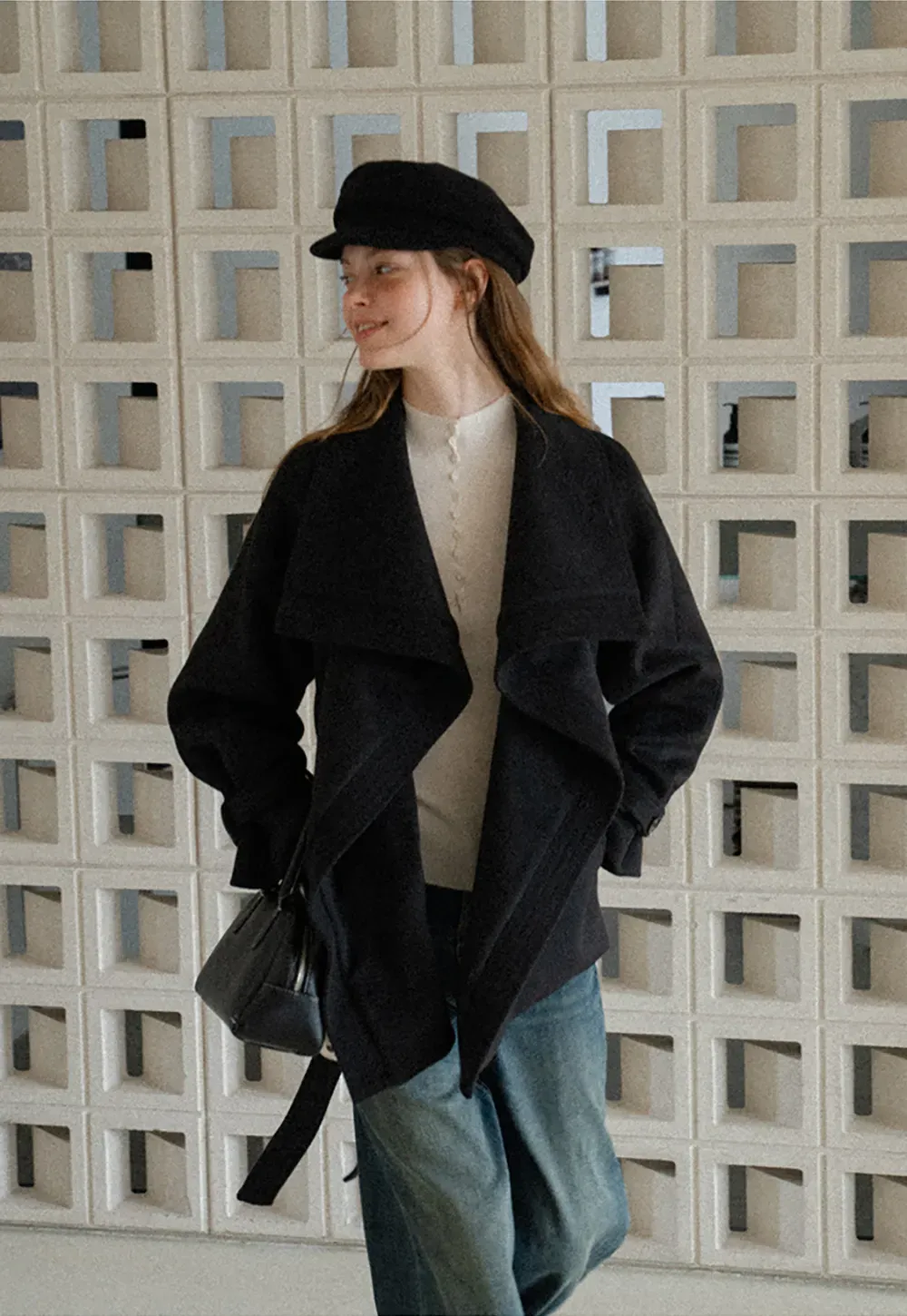 Wrap Front Wool Coat with Tie Belt
