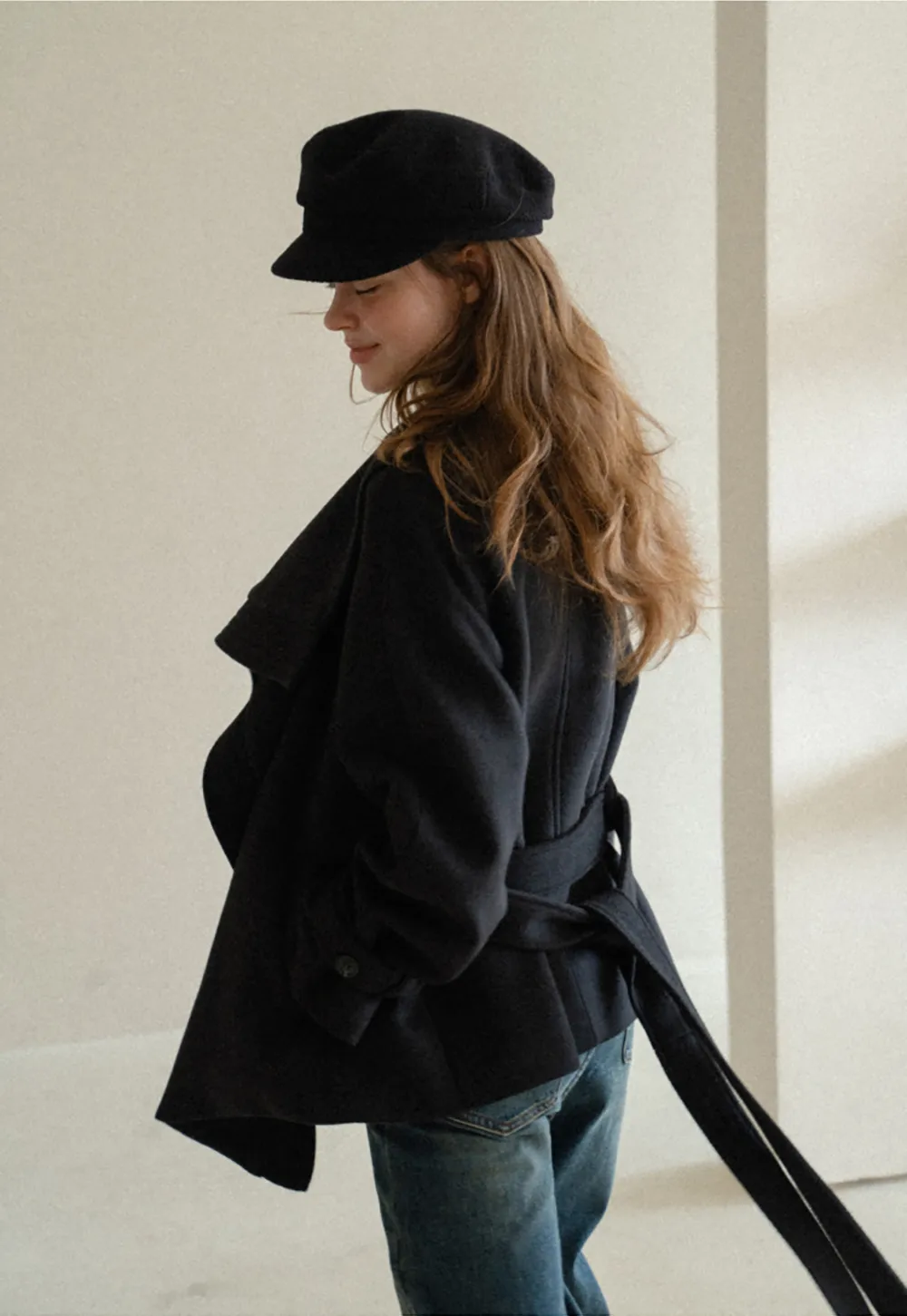 Wrap Front Wool Coat with Tie Belt