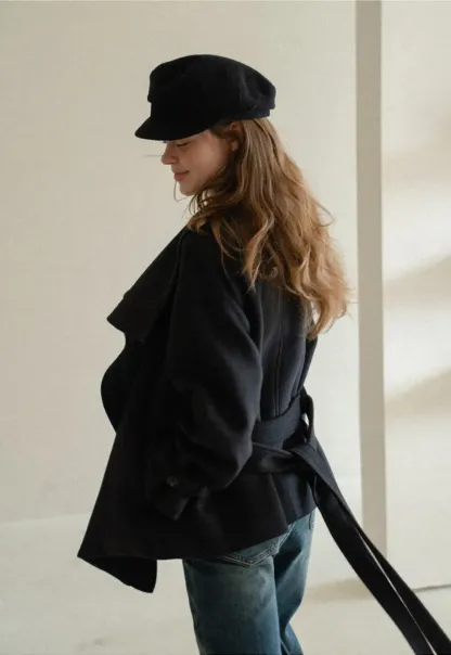 Wrap Front Wool Coat with Tie Belt