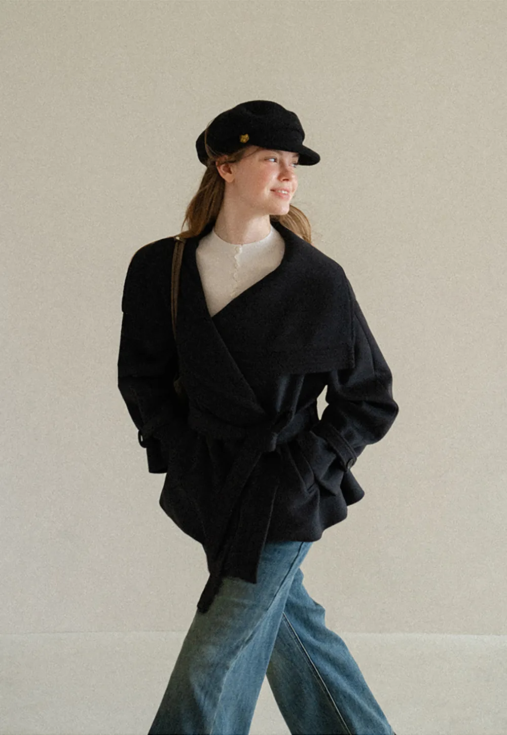 Wrap Front Wool Coat with Tie Belt