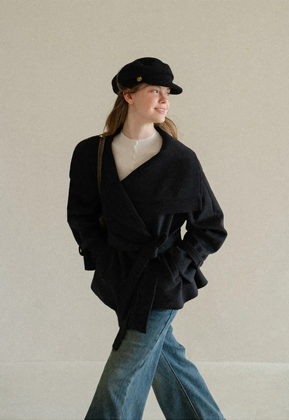 Wrap Front Wool Coat with Tie Belt