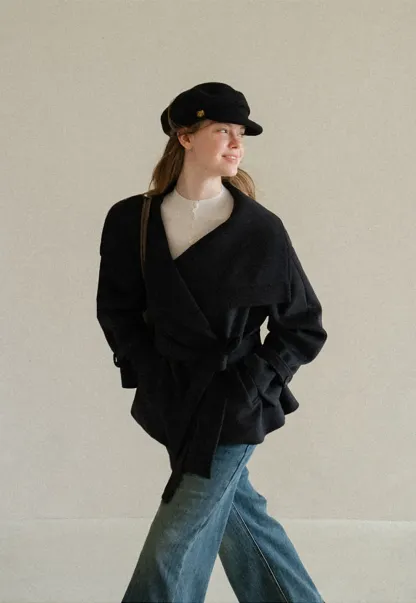 Wrap Front Wool Coat with Tie Belt