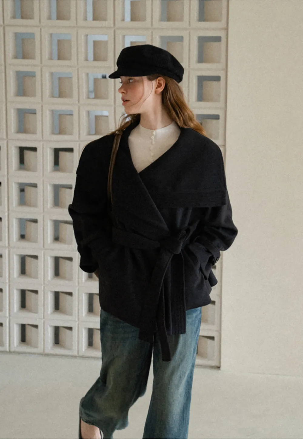 Wrap Front Wool Coat with Tie Belt
