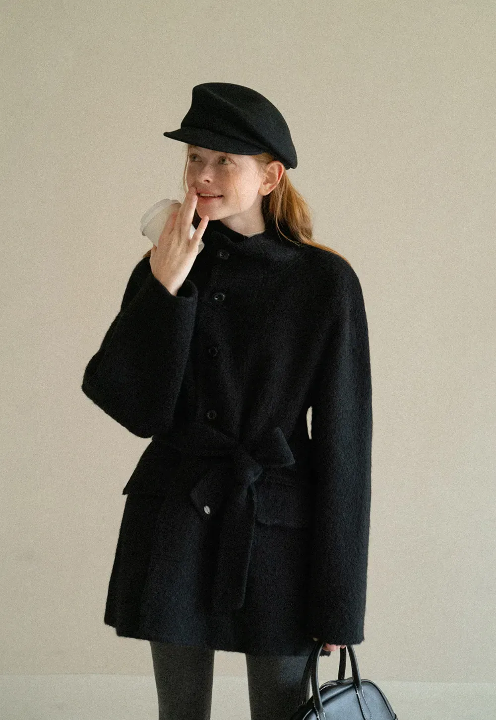 Structured Collar Wool Coat with Belted Waist