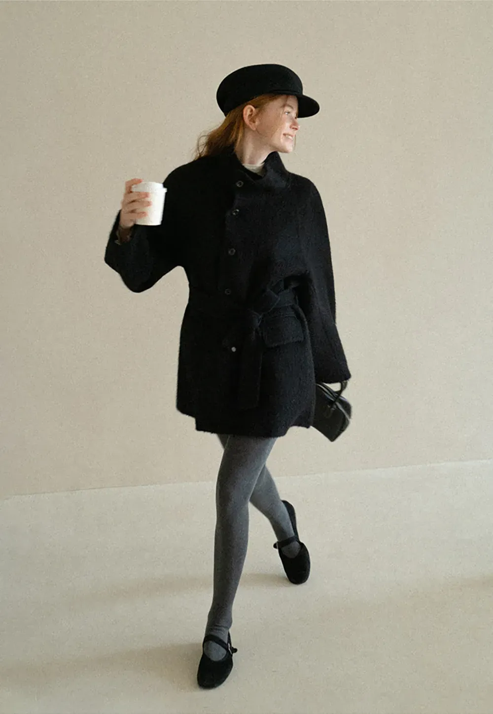 Structured Collar Wool Coat with Belted Waist