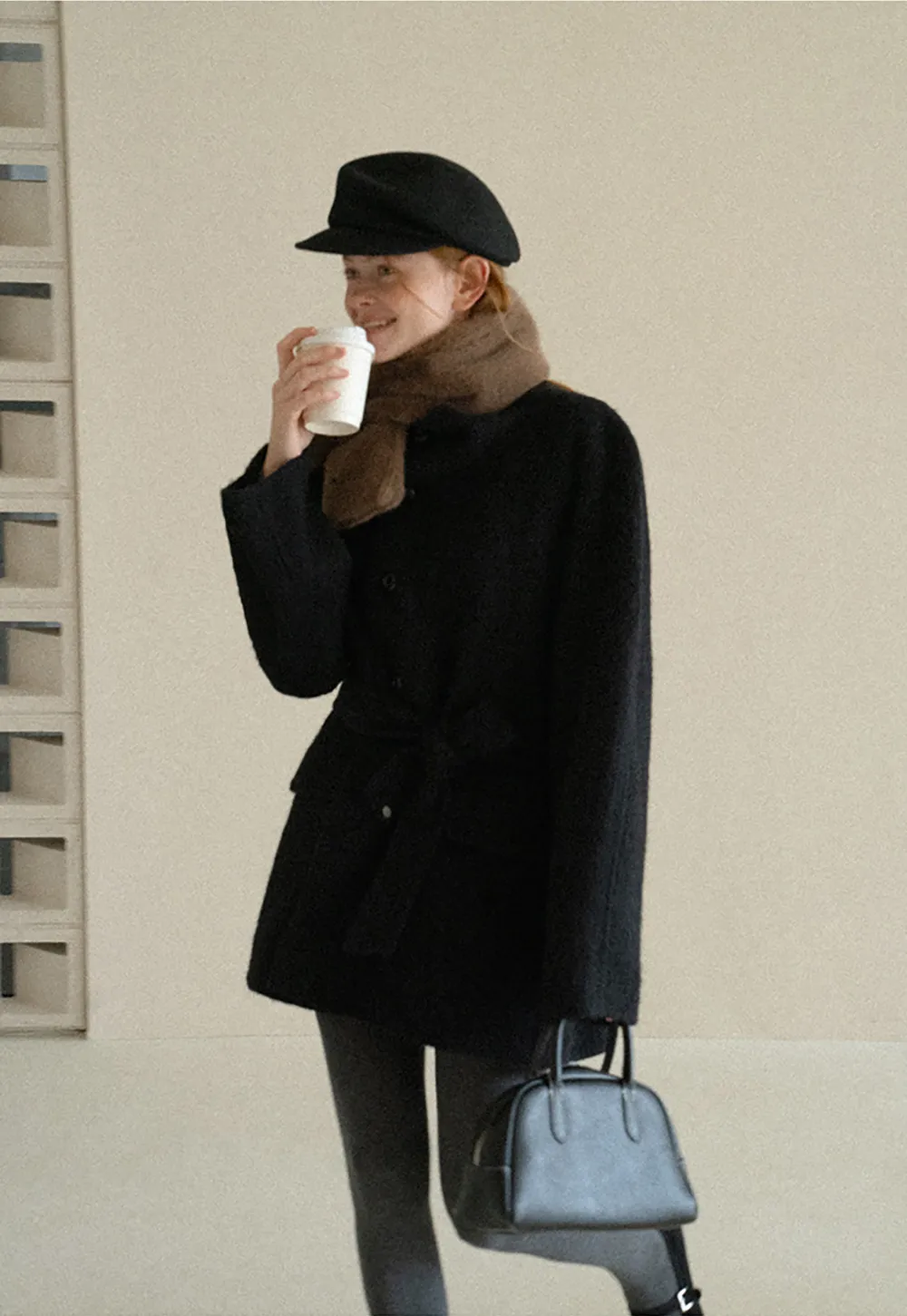 Structured Collar Wool Coat with Belted Waist