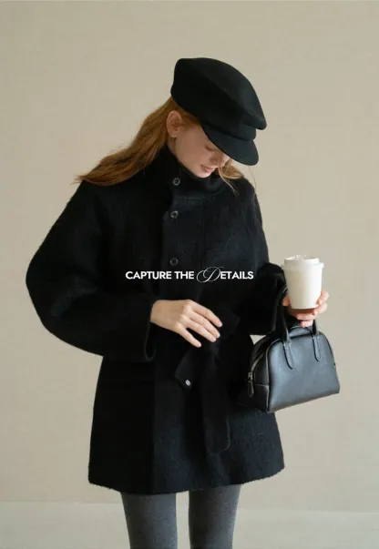Structured Collar Wool Coat with Belted Waist