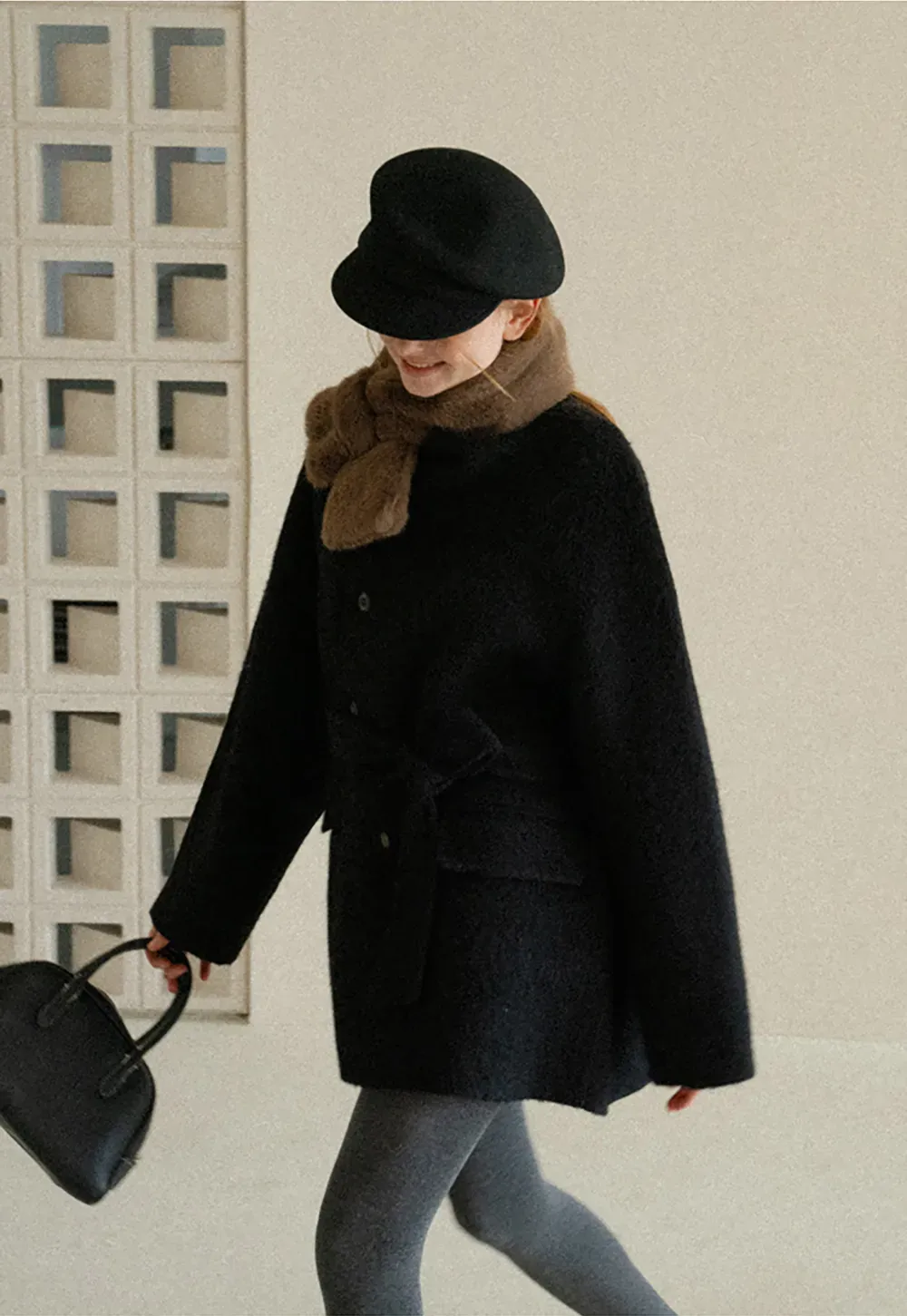 Structured Collar Wool Coat with Belted Waist