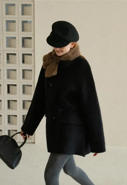 Structured Collar Wool Coat with Belted Waist