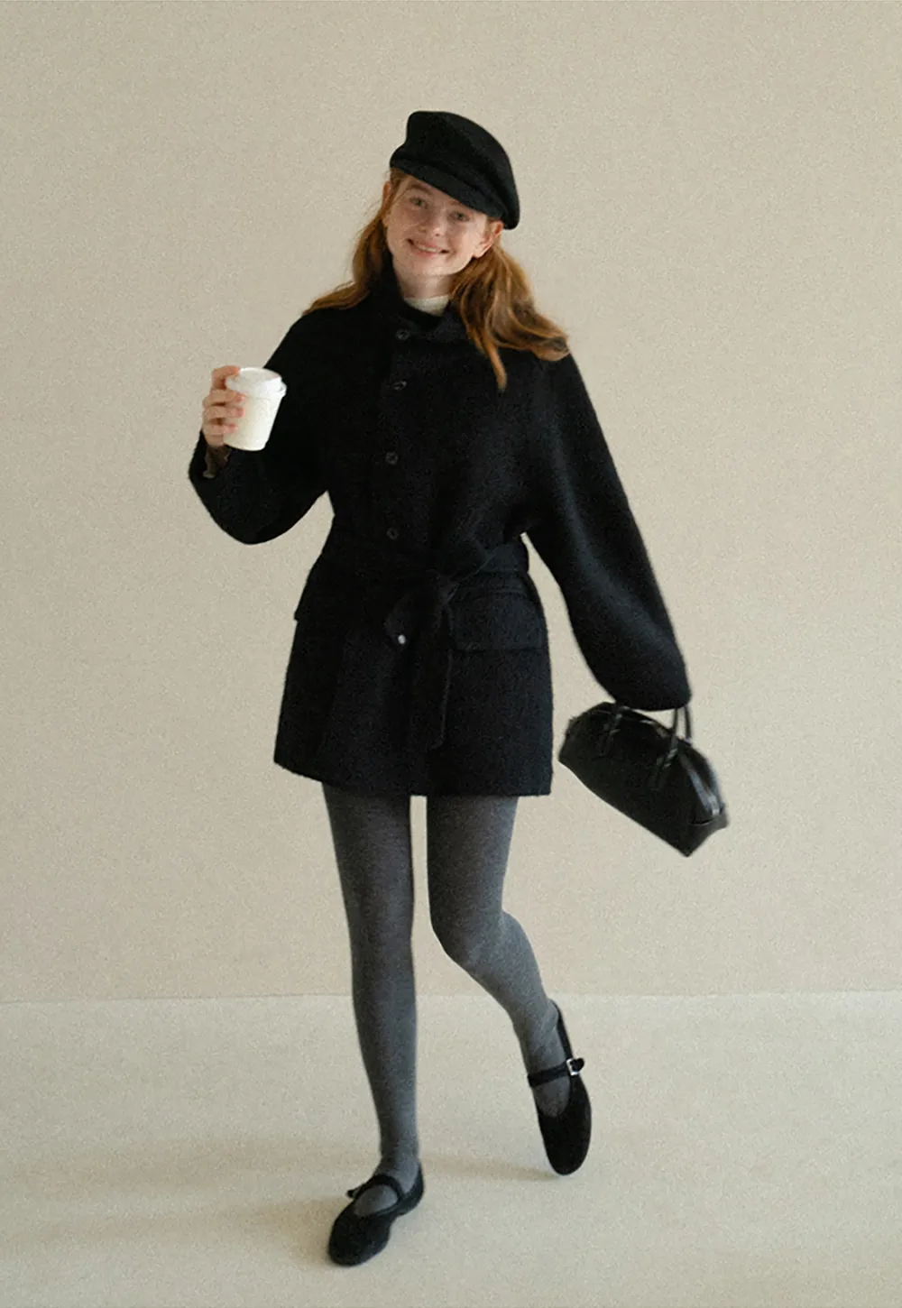 Structured Collar Wool Coat with Belted Waist