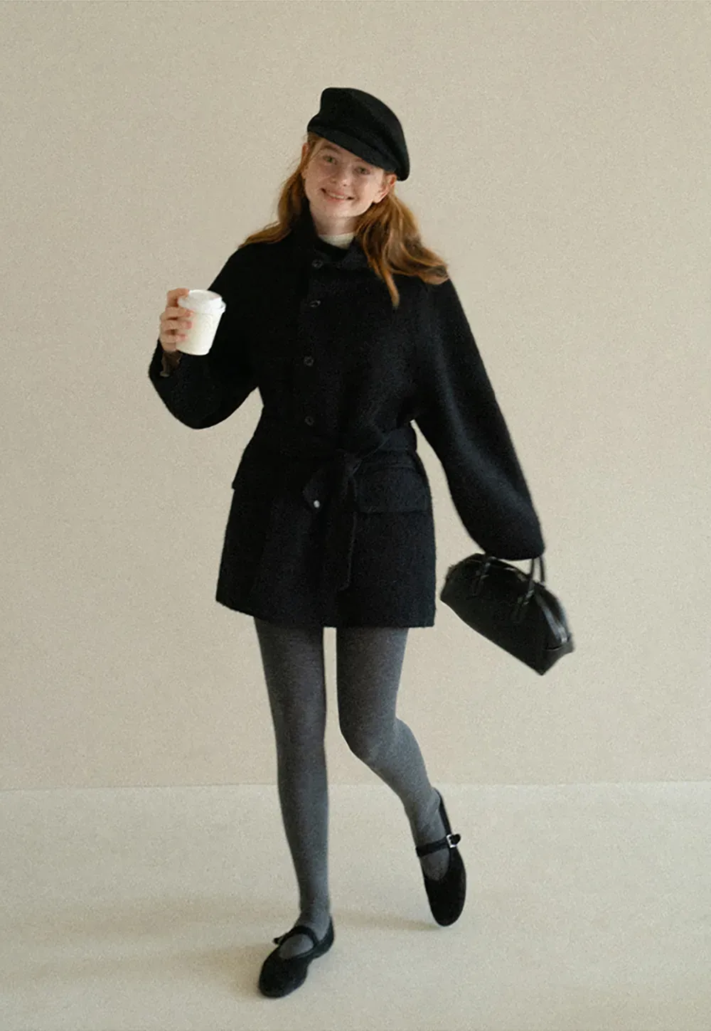 Structured Collar Wool Coat with Belted Waist