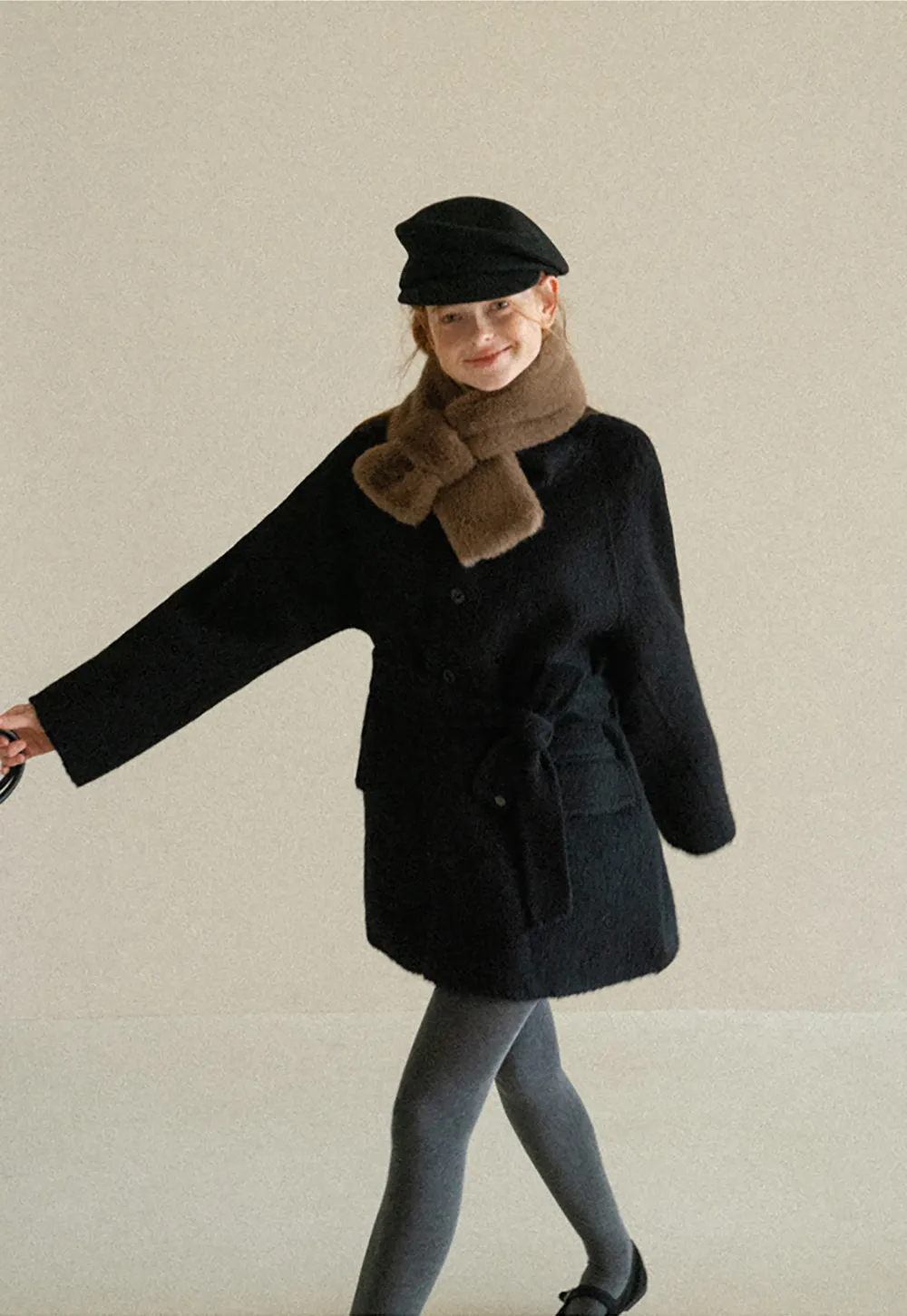 Structured Collar Wool Coat with Belted Waist