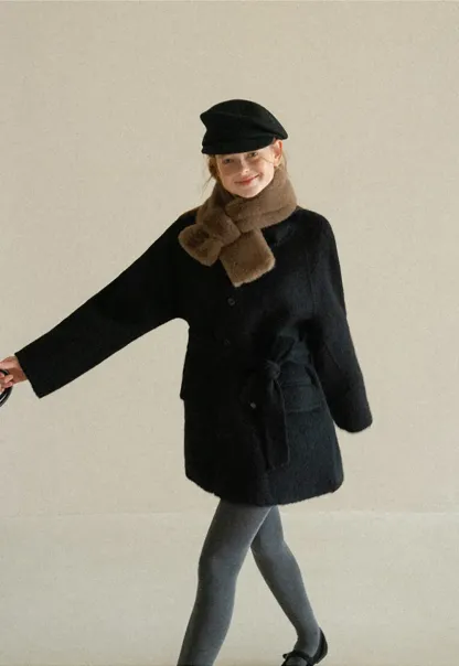 Structured Collar Wool Coat with Belted Waist