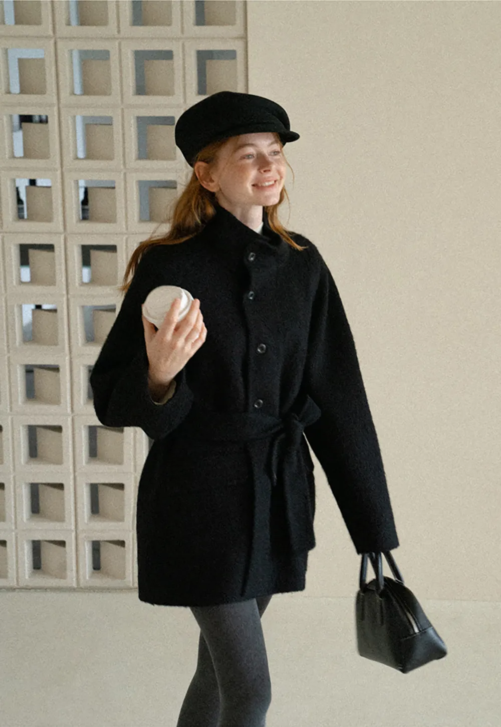 Structured Collar Wool Coat with Belted Waist