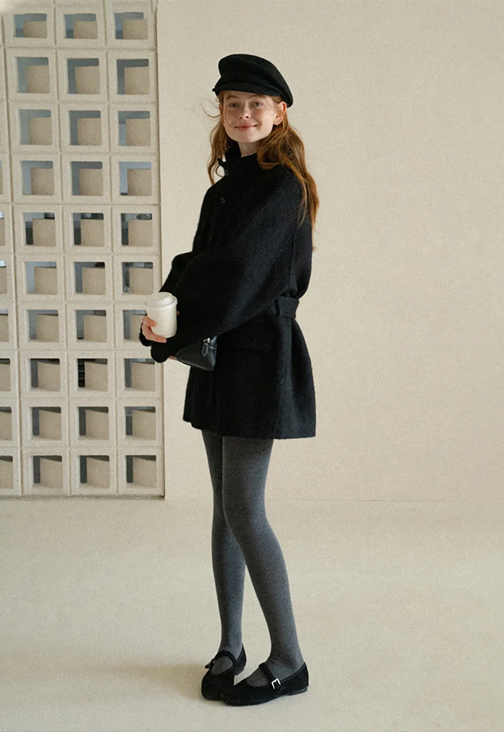 Structured Collar Wool Coat with Belted Waist