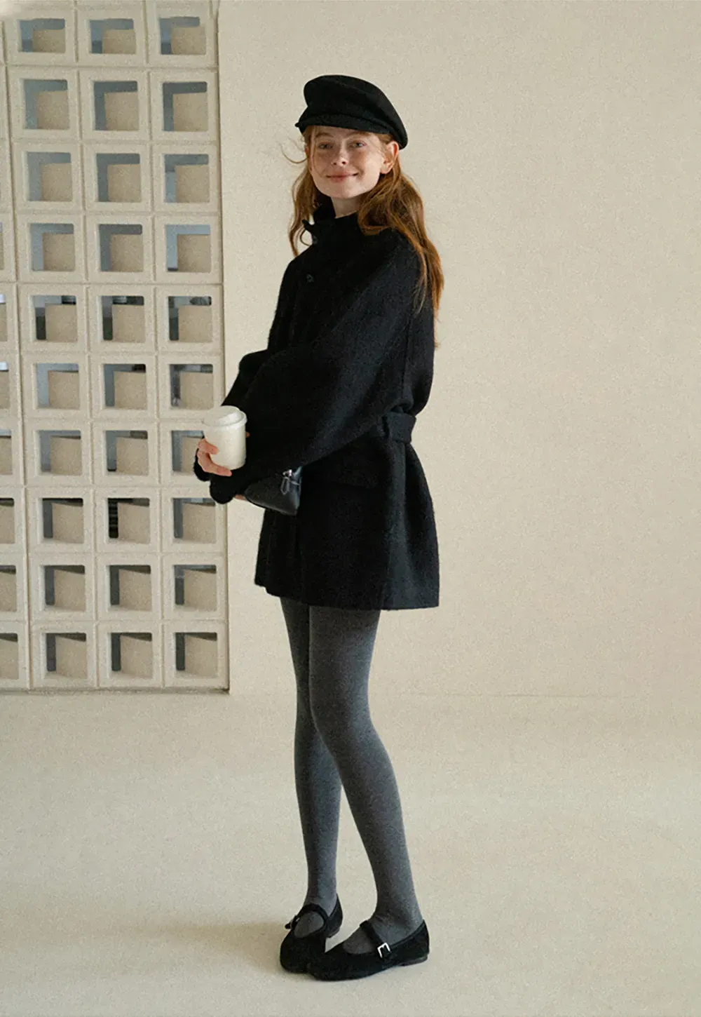 Structured Collar Wool Coat with Belted Waist