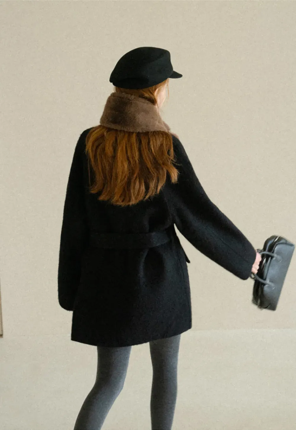 Structured Collar Wool Coat with Belted Waist