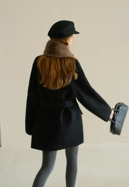 Structured Collar Wool Coat with Belted Waist