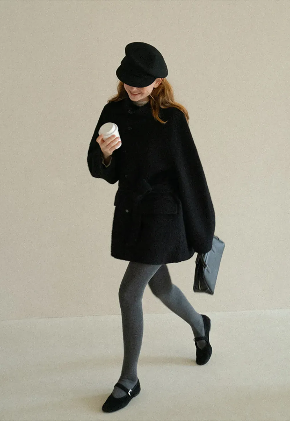 Structured Collar Wool Coat with Belted Waist