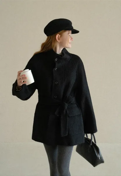 Structured Collar Wool Coat with Belted Waist