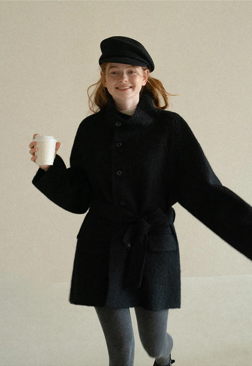 Structured Collar Wool Coat with Belted Waist