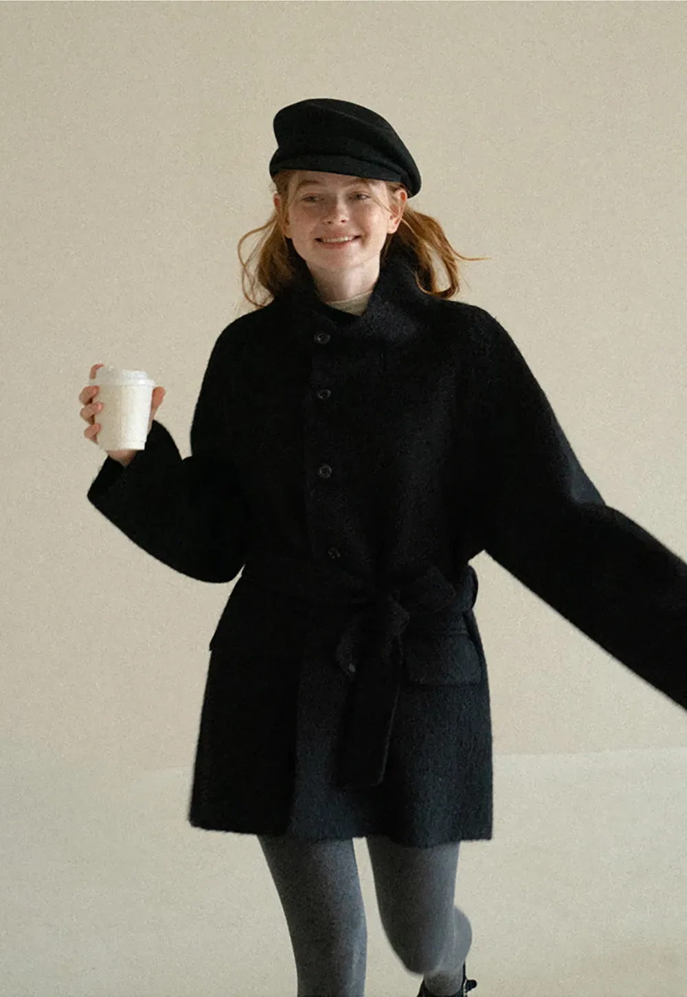 Structured Collar Wool Coat with Belted Waist
