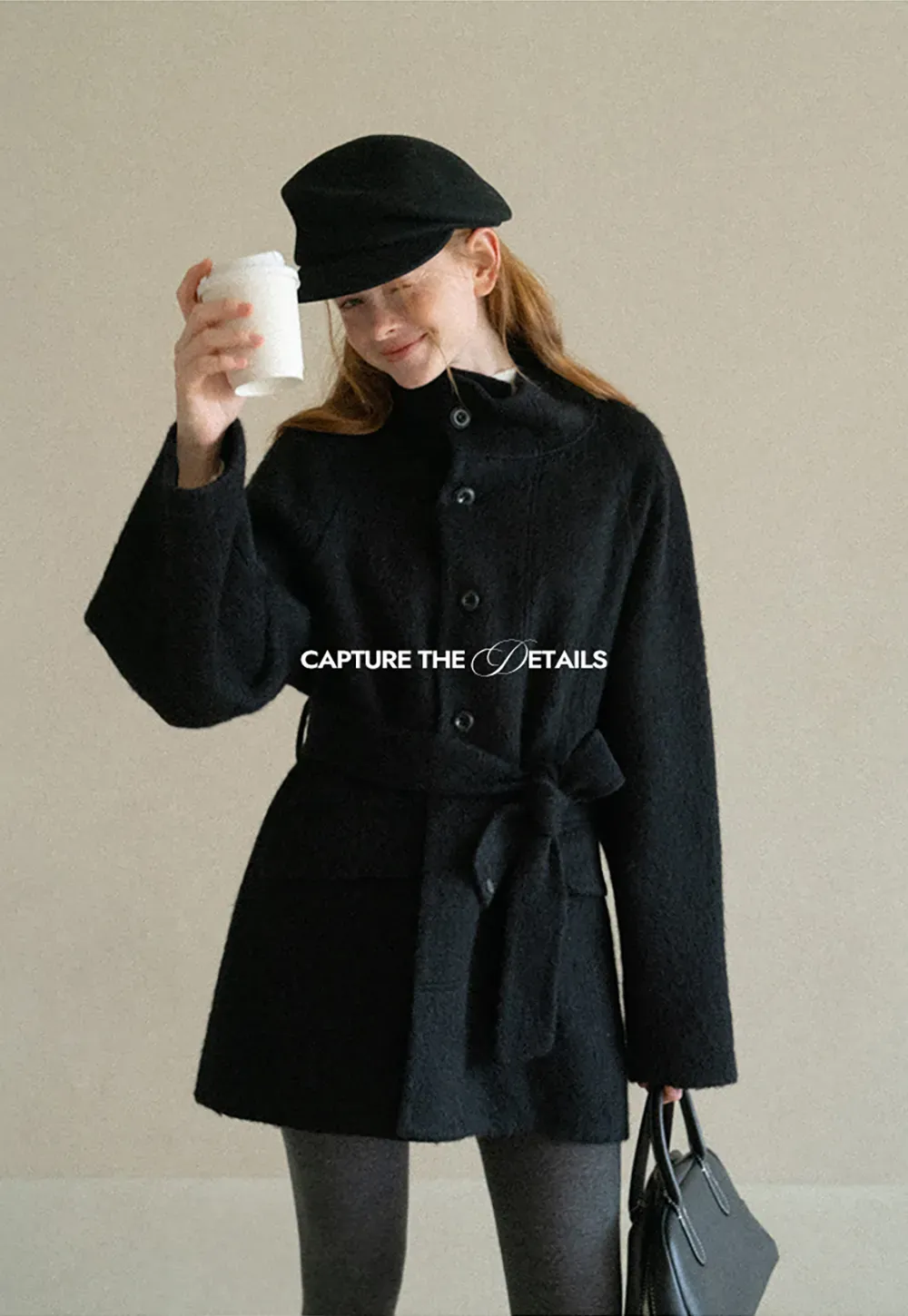 Structured Collar Wool Coat with Belted Waist