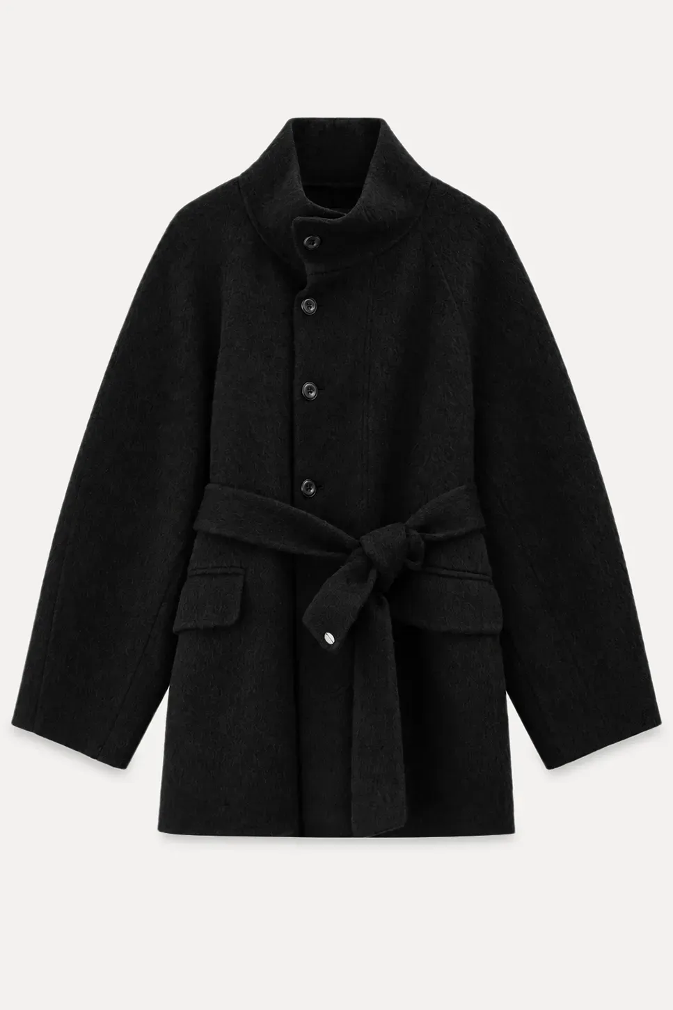 Structured Collar Wool Coat with Belted Waist