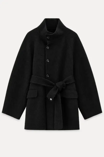 Structured Collar Wool Coat with Belted Waist