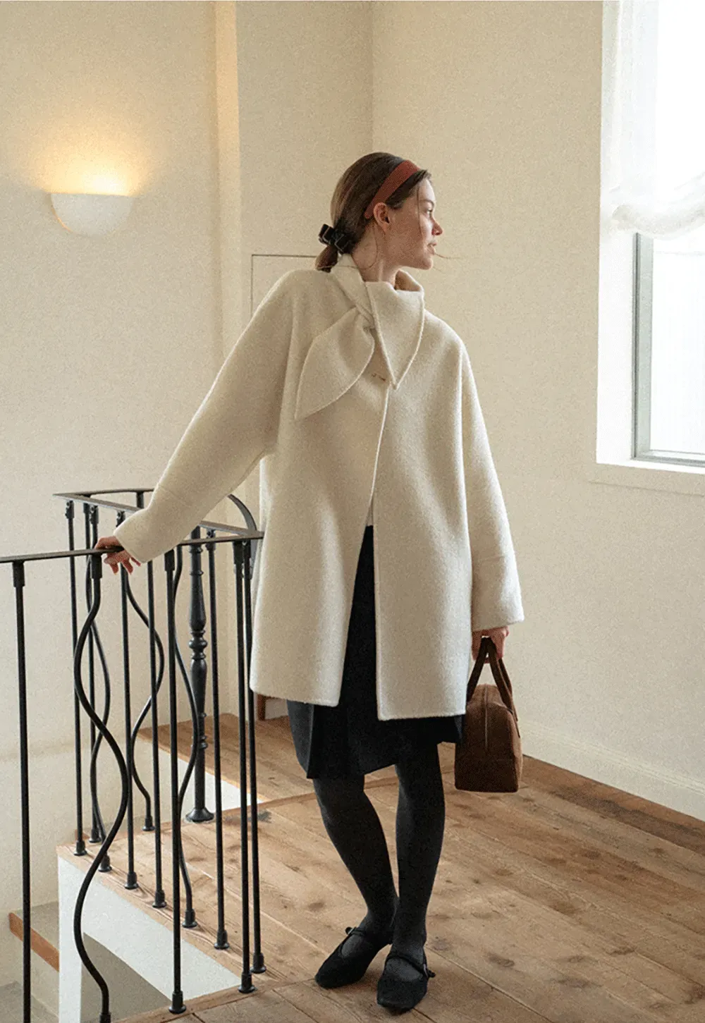 Oversized Coat with Asymmetrical Collar and Wide Sleeve