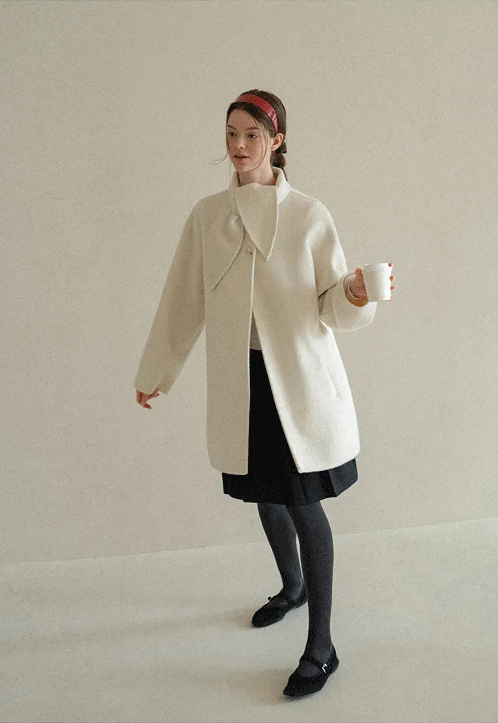 Oversized Coat with Asymmetrical Collar and Wide Sleeve
