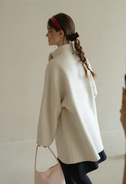 Oversized Coat with Asymmetrical Collar and Wide Sleeve