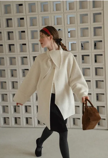 Oversized Coat with Asymmetrical Collar and Wide Sleeve